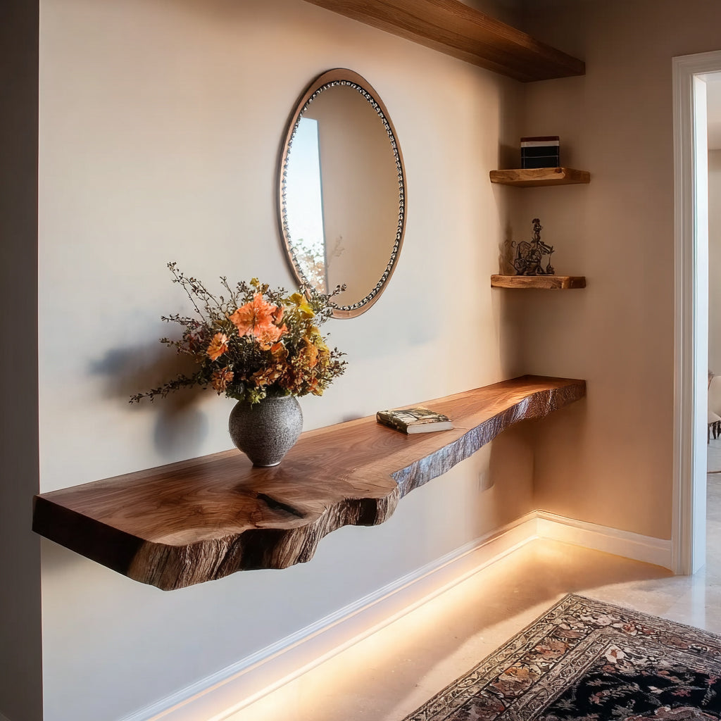 Floating live edge wood console table with vase of flowers and oval mirror in modern entryway