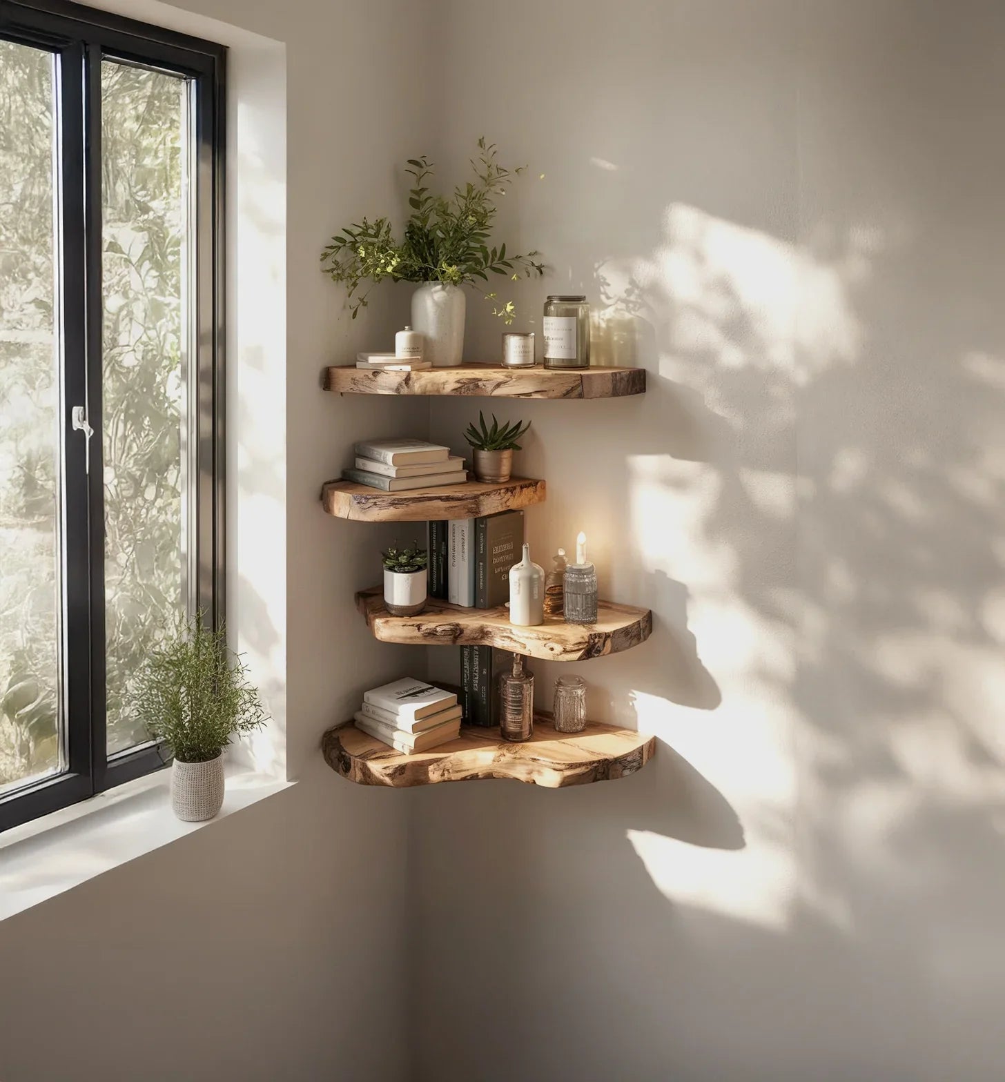 Natural wood corner shelves with books, candles, and plants beside sunlit window with potted plant