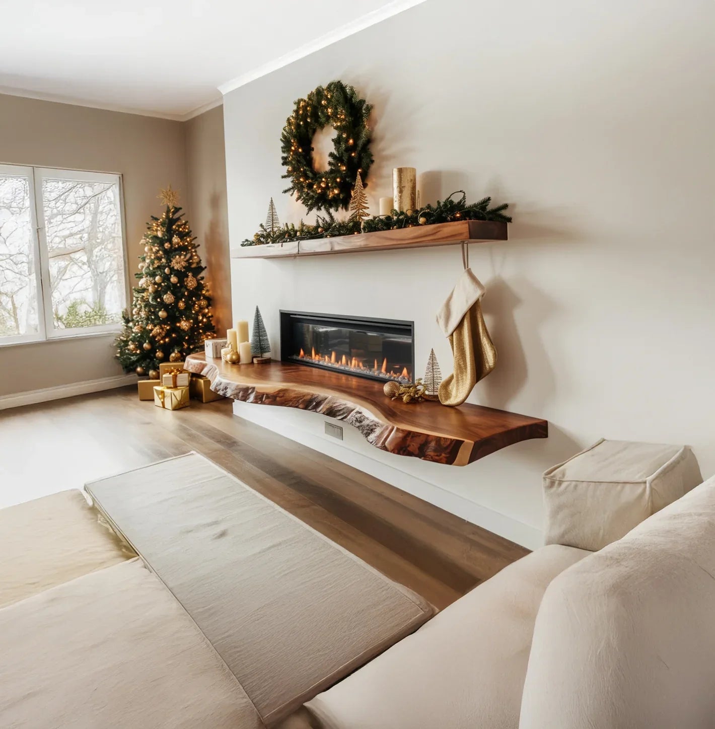 Modern living room with Christmas tree, wooden mantel fireplace, stockings, and holiday wreath