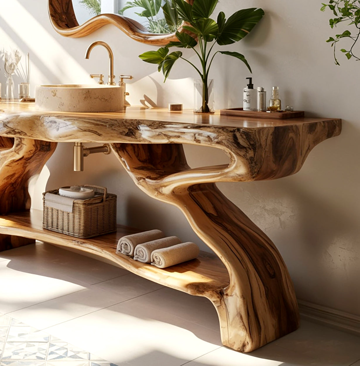 Modern bathroom with sculpted live edge wooden vanity, stone sink, gold faucet, and green plant