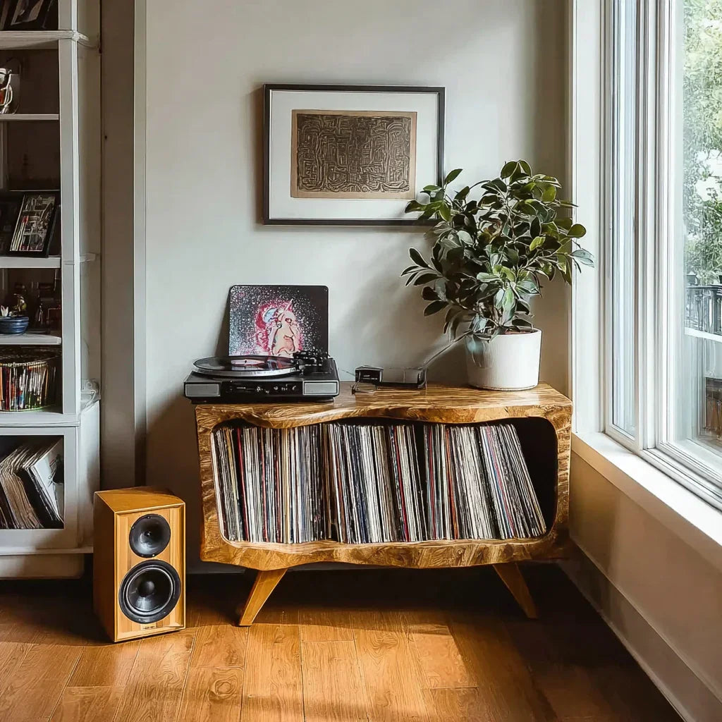 Cozy corner with wooden record player, vinyl storage, speaker, potted plant, and framed artwork
