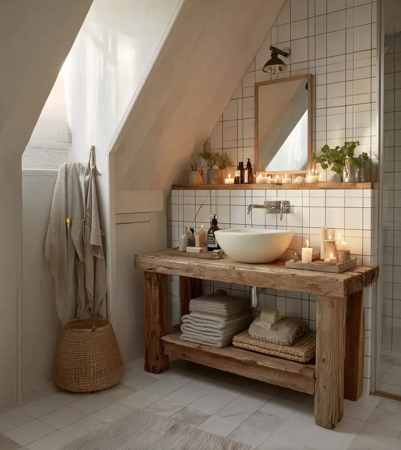Rustic bathroom with wooden vanity, vessel sink, white tile wall, lit candles, and folded towels