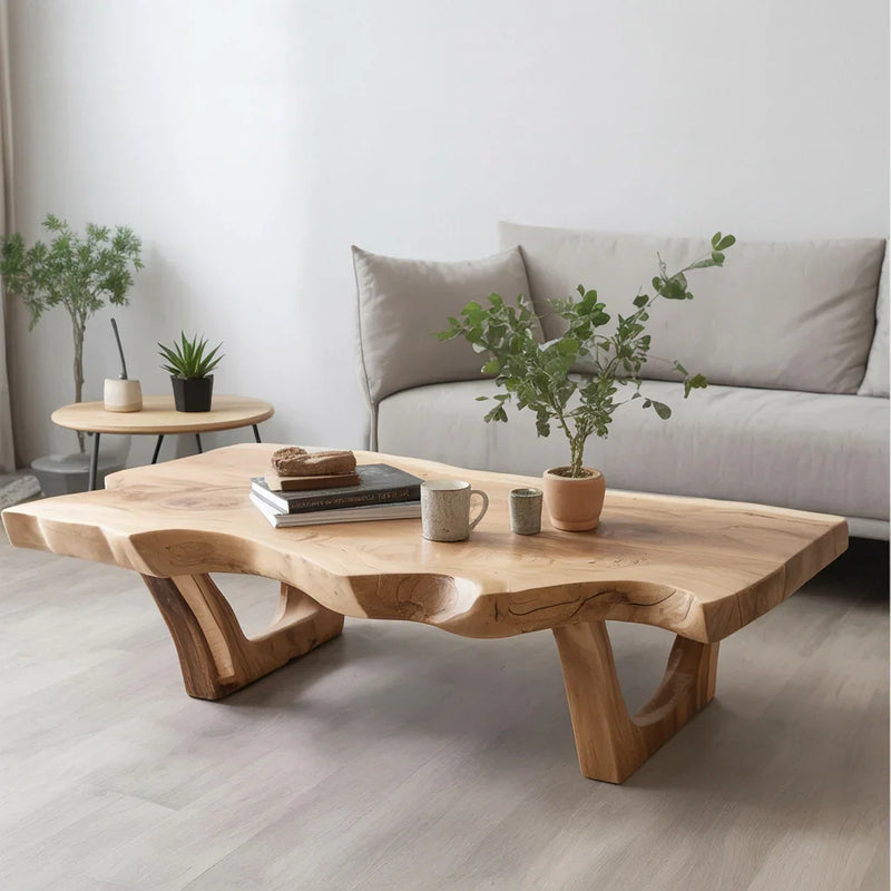 Live edge solid wood coffee table in modern living room with plants and sofa