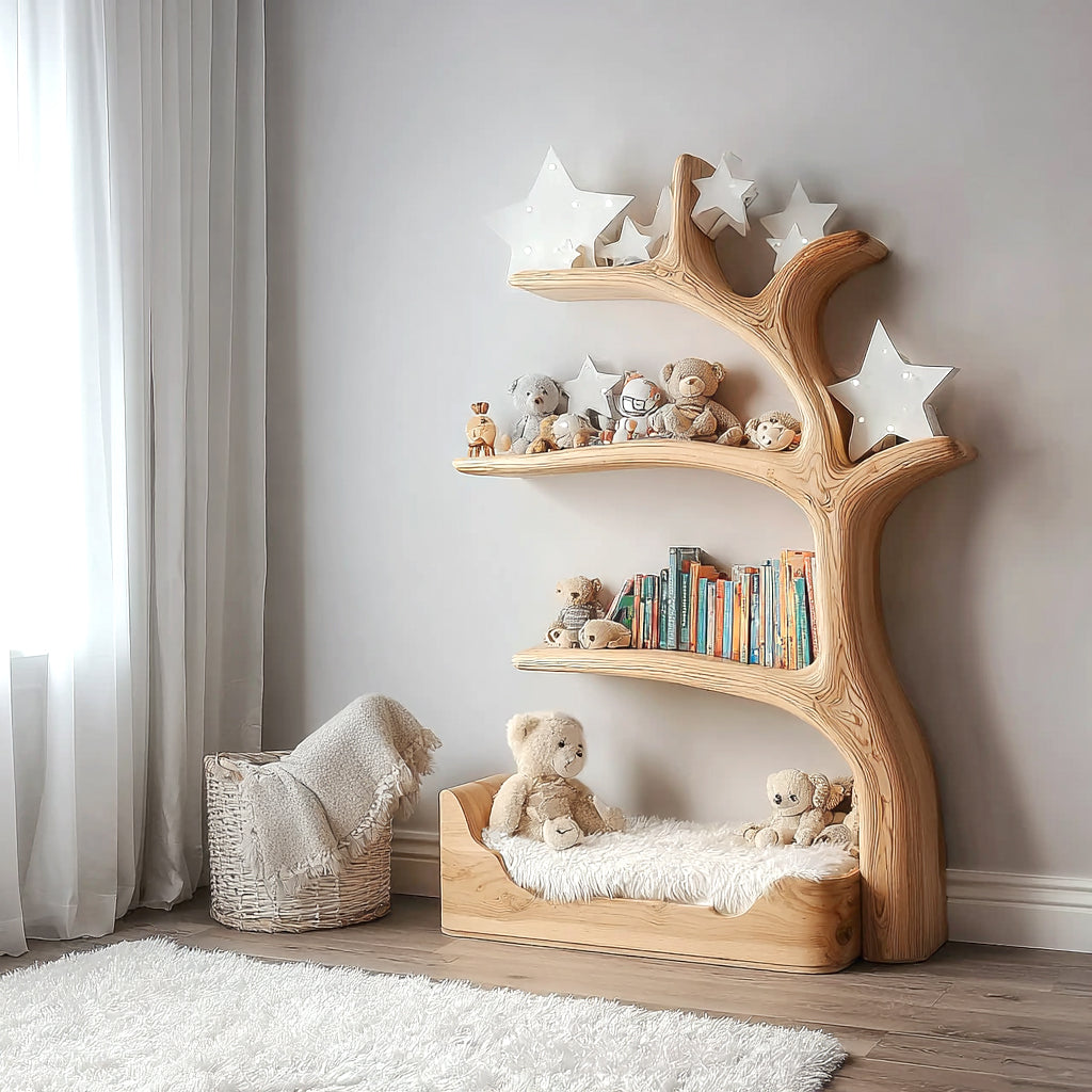 Tree-shaped wooden kids bookshelf with plush teddy bears, star lights, and colorful books in cozy room