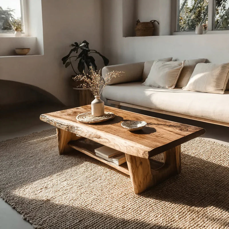 Minimalist living room with natural wood coffee table, beige sofa, neutral rug, and dried flower vase