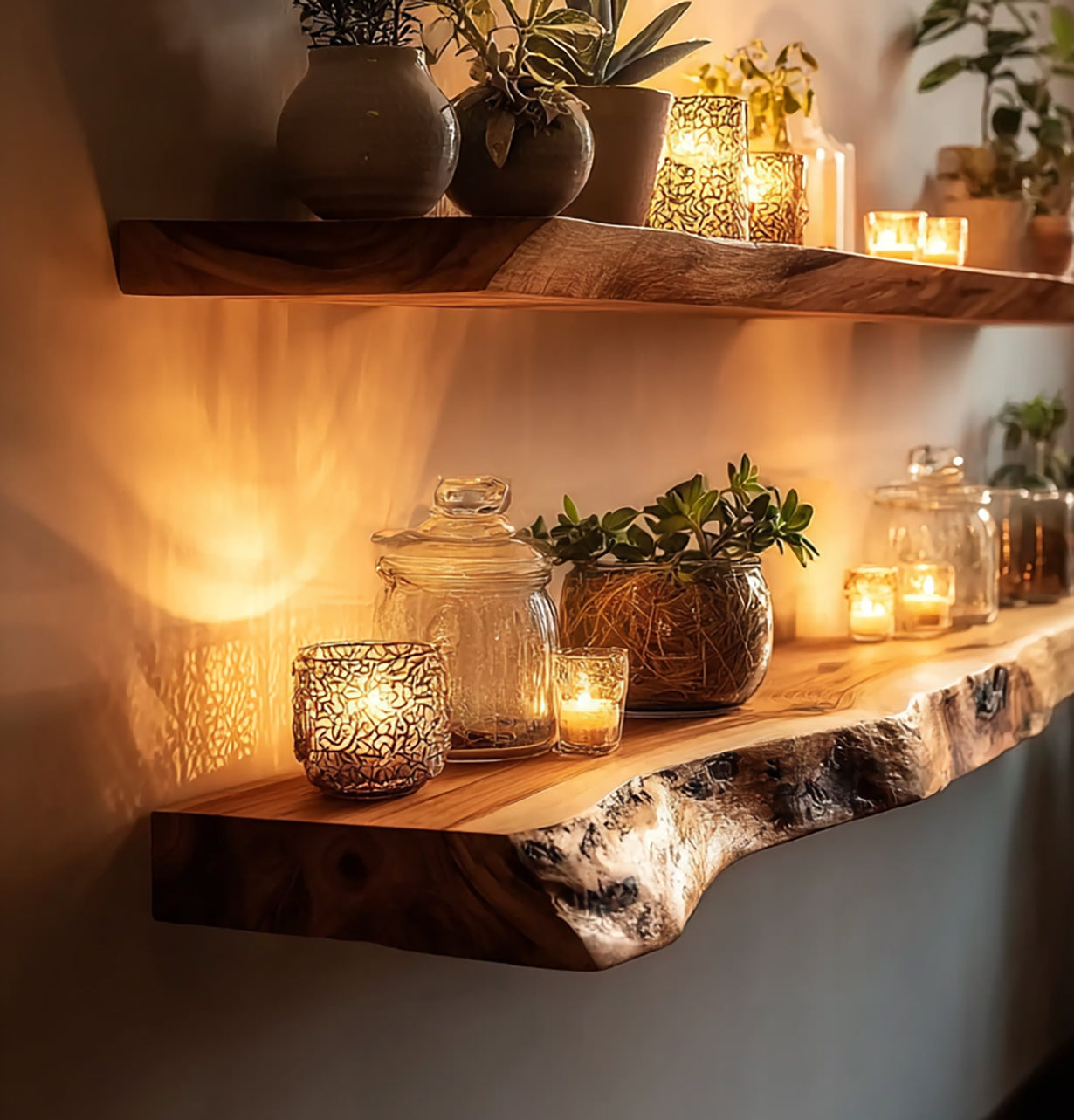 Floating wooden shelves with lit decorative candles, glass jars, and potted plants creating cozy warm ambiance