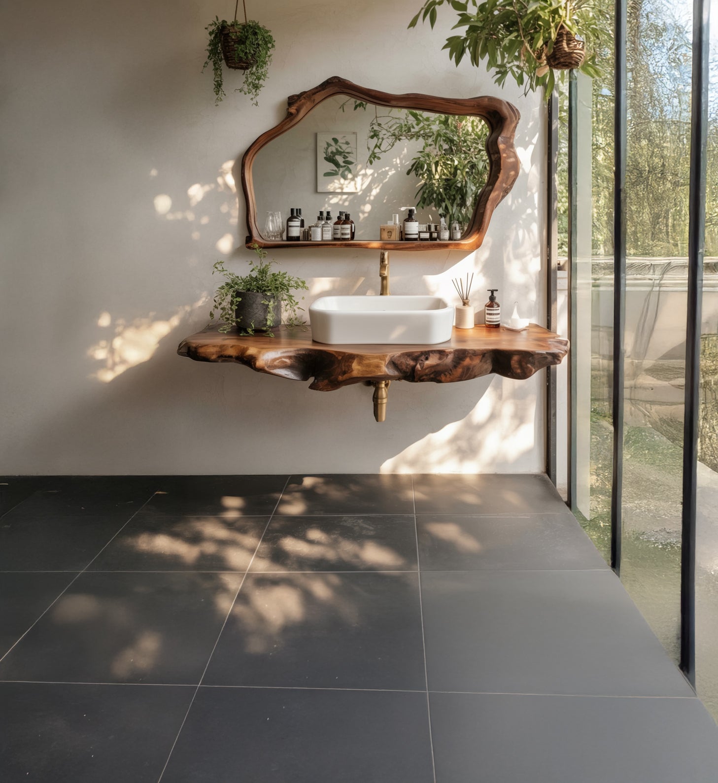 Modern bathroom with irregular wooden vanity, white sink, decorative plants, and large window