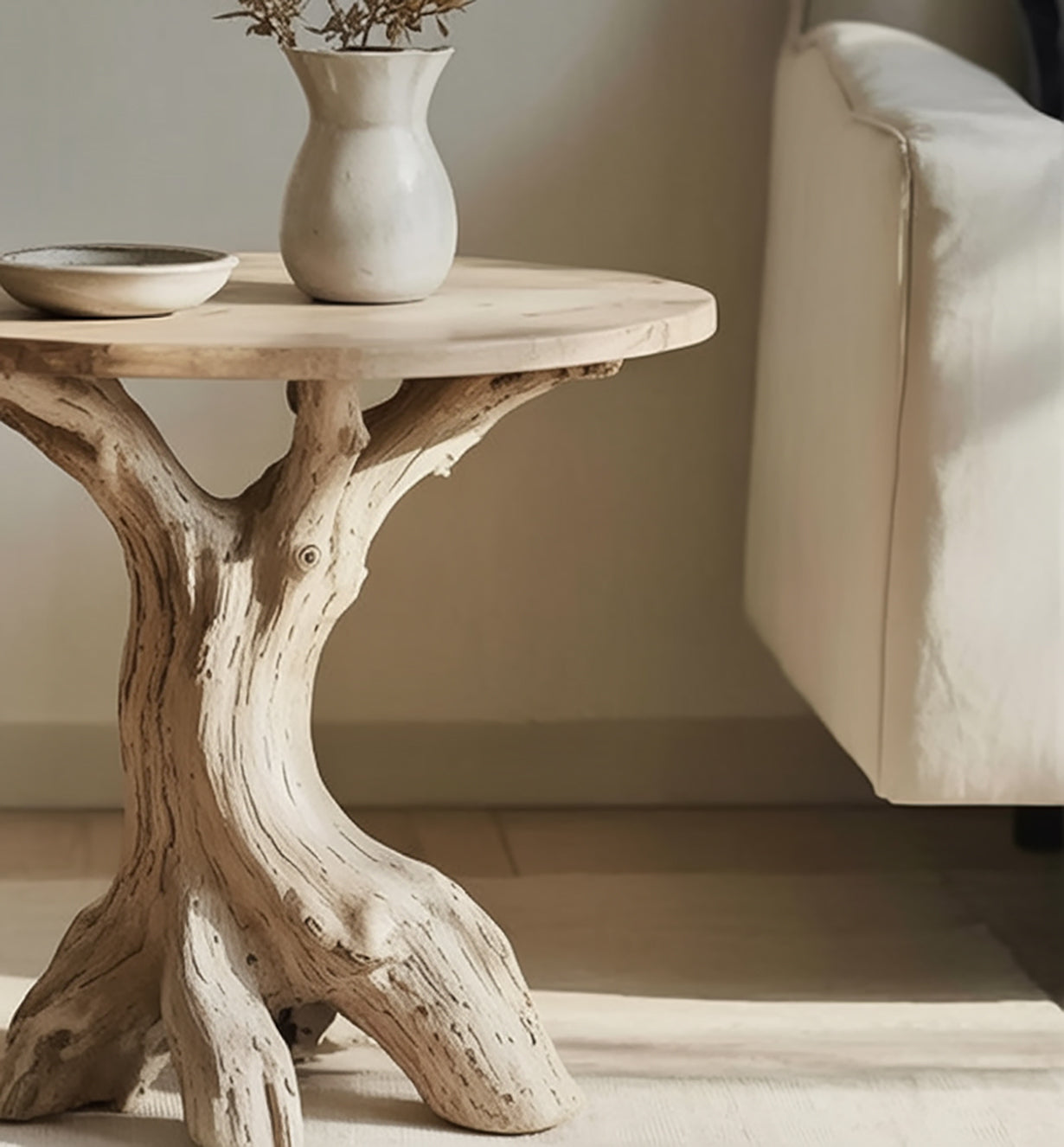 Rustic wooden side table with tree trunk base, white ceramic vase and dish beside white sofa