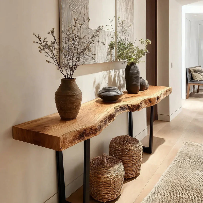 Live edge solid wood console table with vases and baskets in a modern hallway
