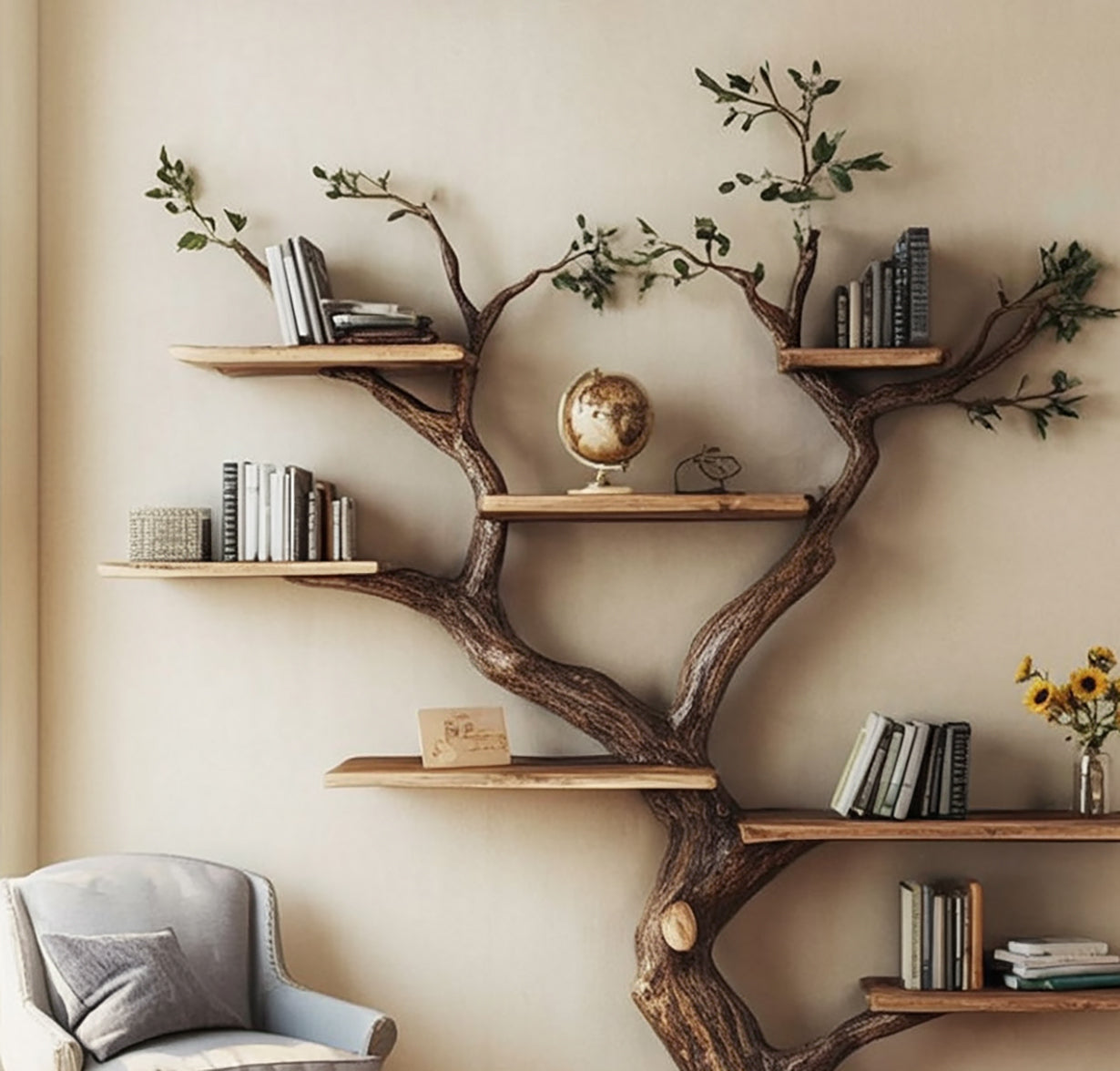 Rustic tree branch bookshelf with wooden shelves holding books, globe, flowers, and decor in cozy room