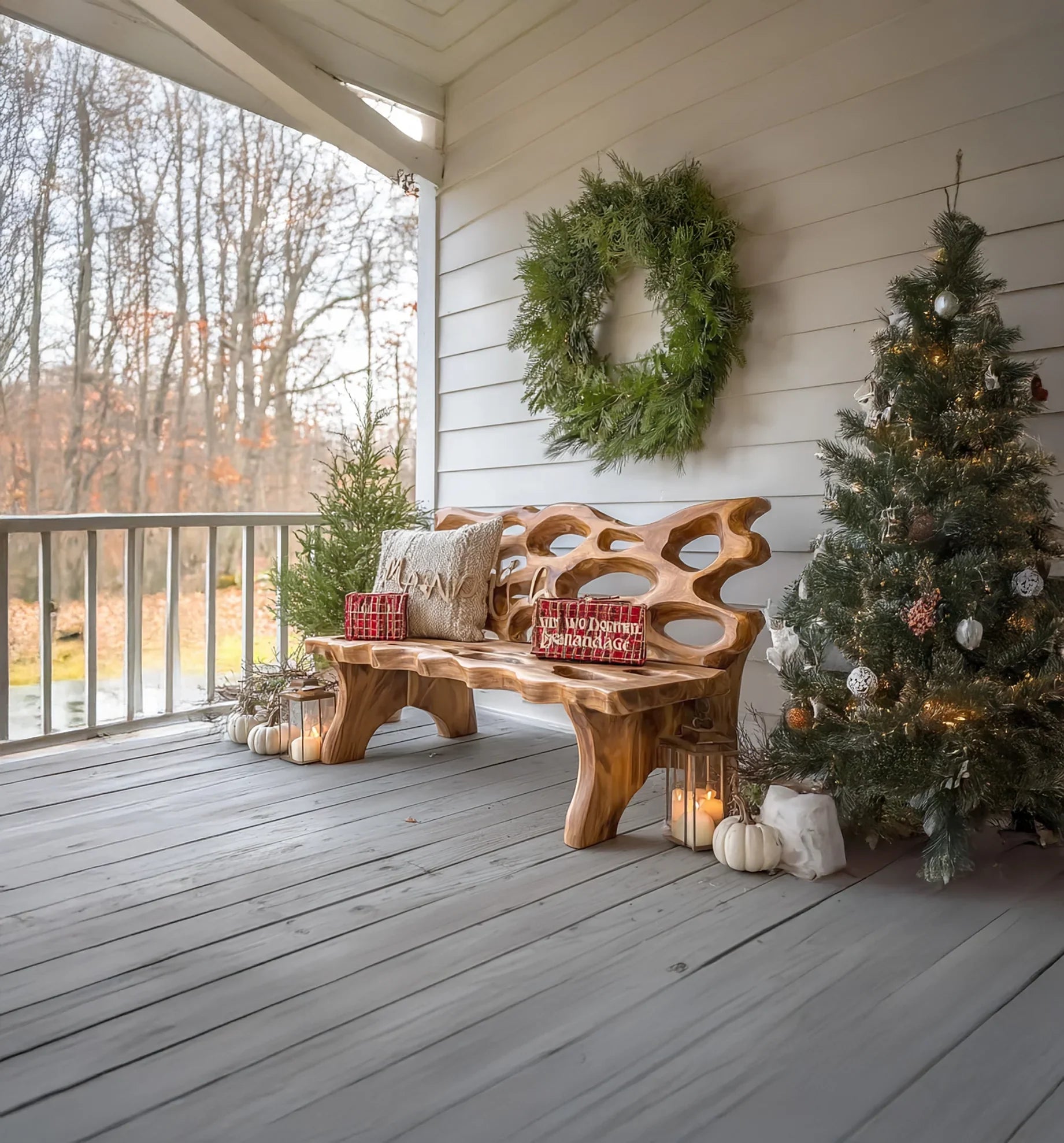 Wooden bench with festive pillows, Christmas tree with white pumpkins and lit candles on porch