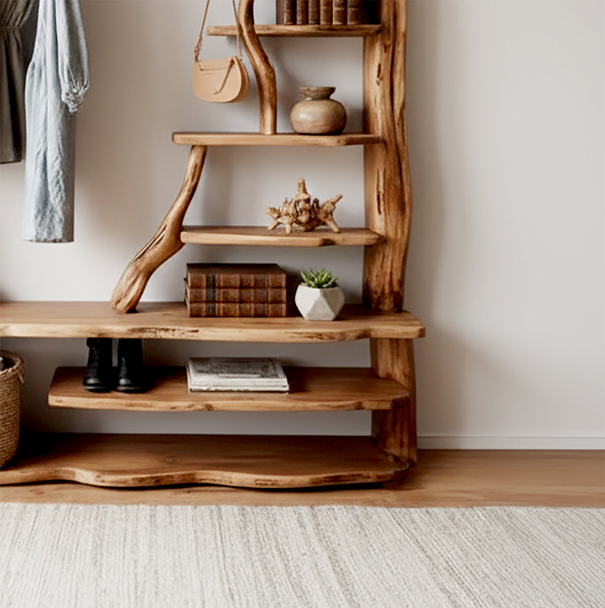 Live edge solid wood tree bookshelf with books, decor, and natural rustic shelves