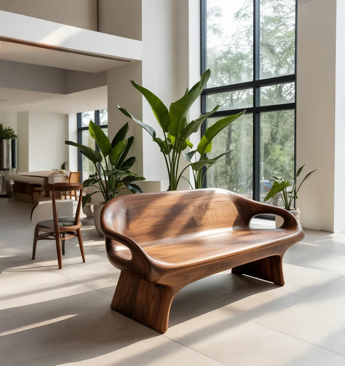 Modern wooden bench with curved design in bright, minimalist room with large windows and green plants
