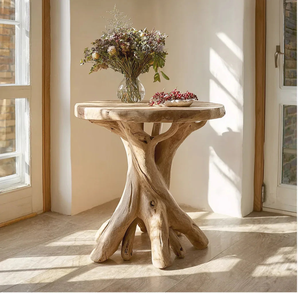 Live edge solid wood side table with natural root base, topped with flowers in a sunlit room