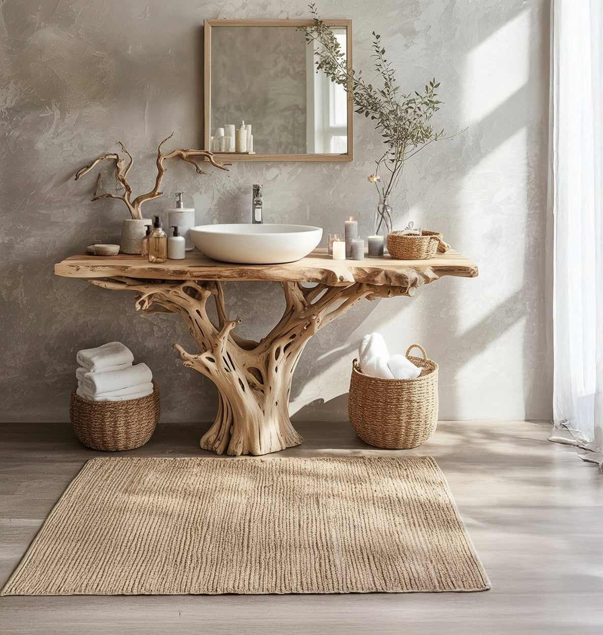 Live Edge Floating Vanity with Vessel Sink – Solid Walnut Bathroom Vanity, Farmhouse Mirror Console Table