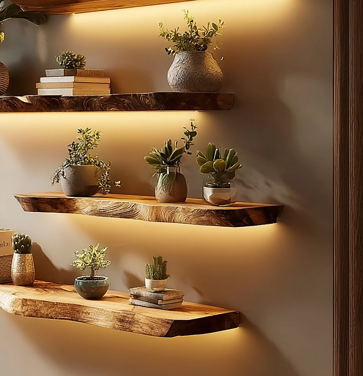 Solid wood floating shelves with live edge, plants, books, and warm LED lighting on a wall