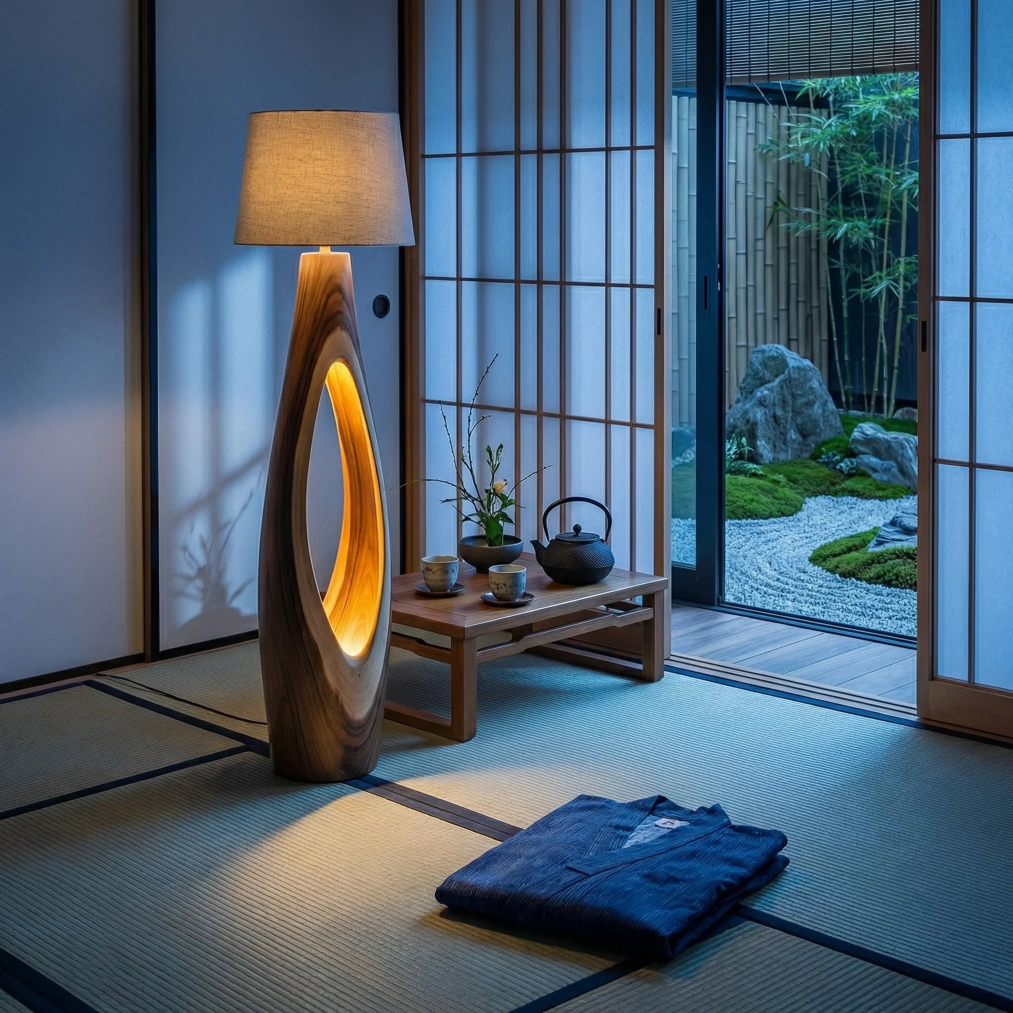 Minimalist Japanese ryokan suite with shoji doors, wooden table set, and unique floor lamp