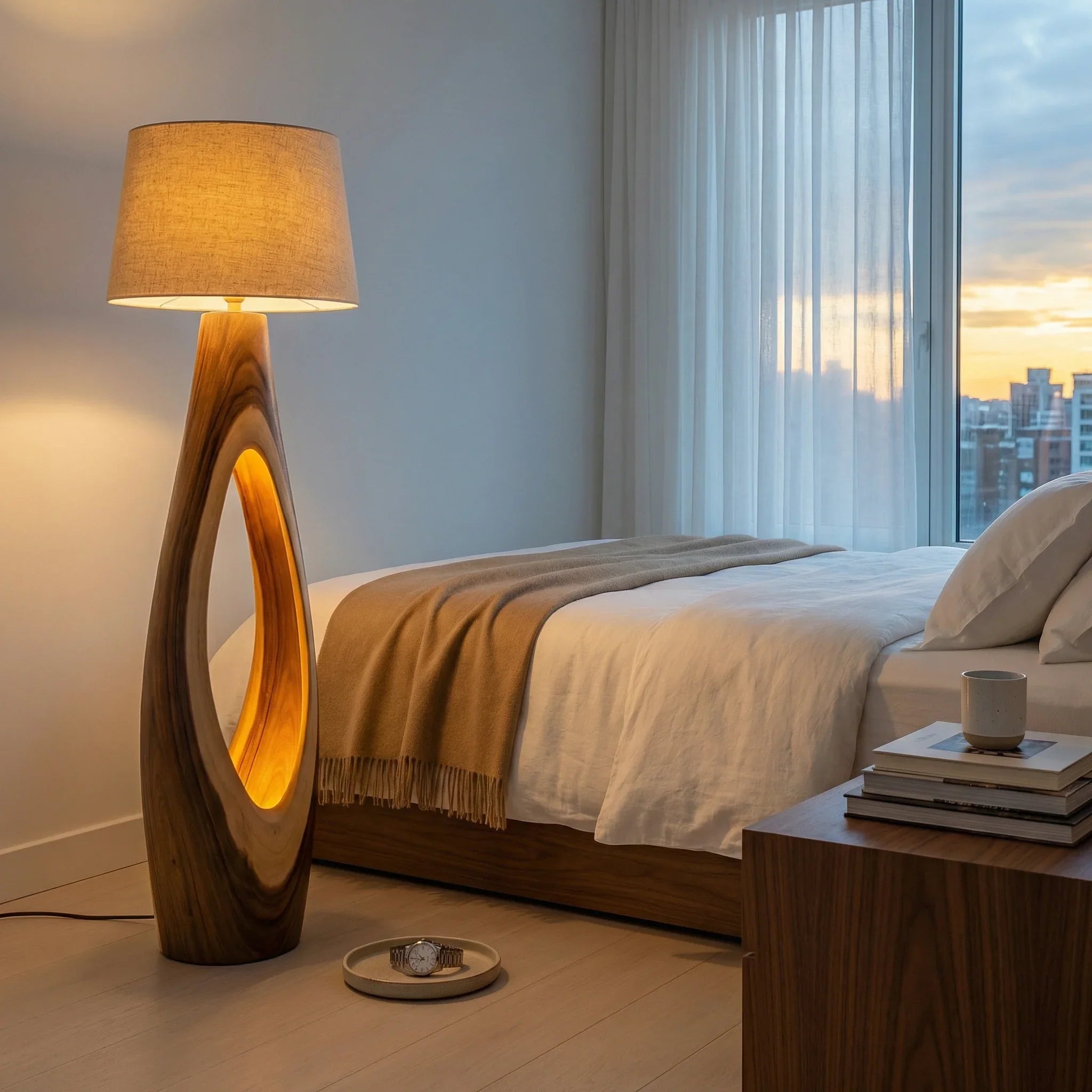 Modern bedroom with solid wood bed, unique wooden floor lamp, and city view at sunset