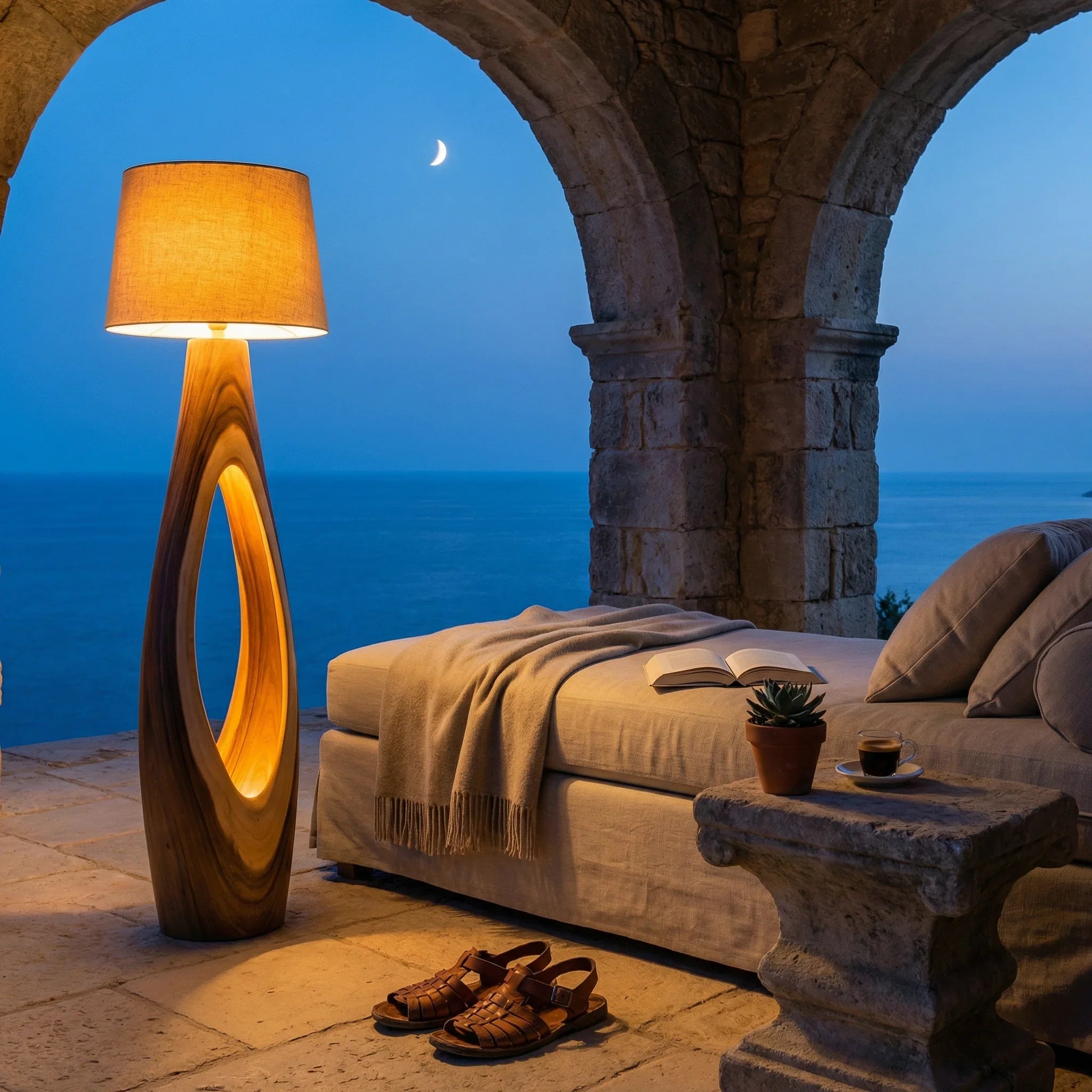 Mediterranean villa terrace at twilight with modern wood lamp, lounge sofa, and ocean view.