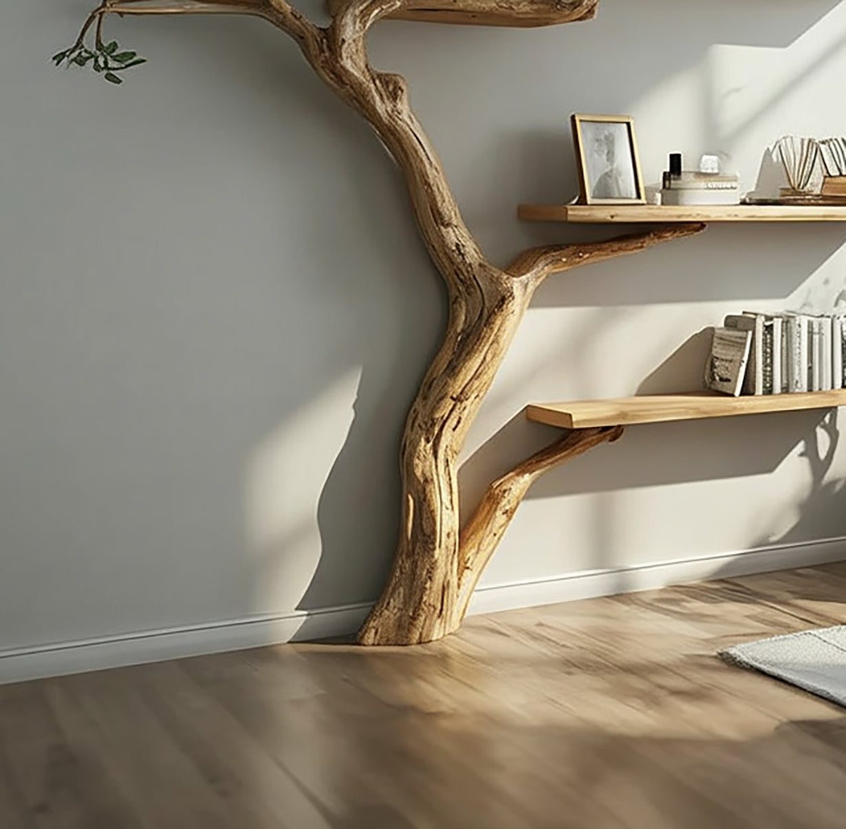 Solid wood tree bookshelf with floating shelves in a sunlit modern living room