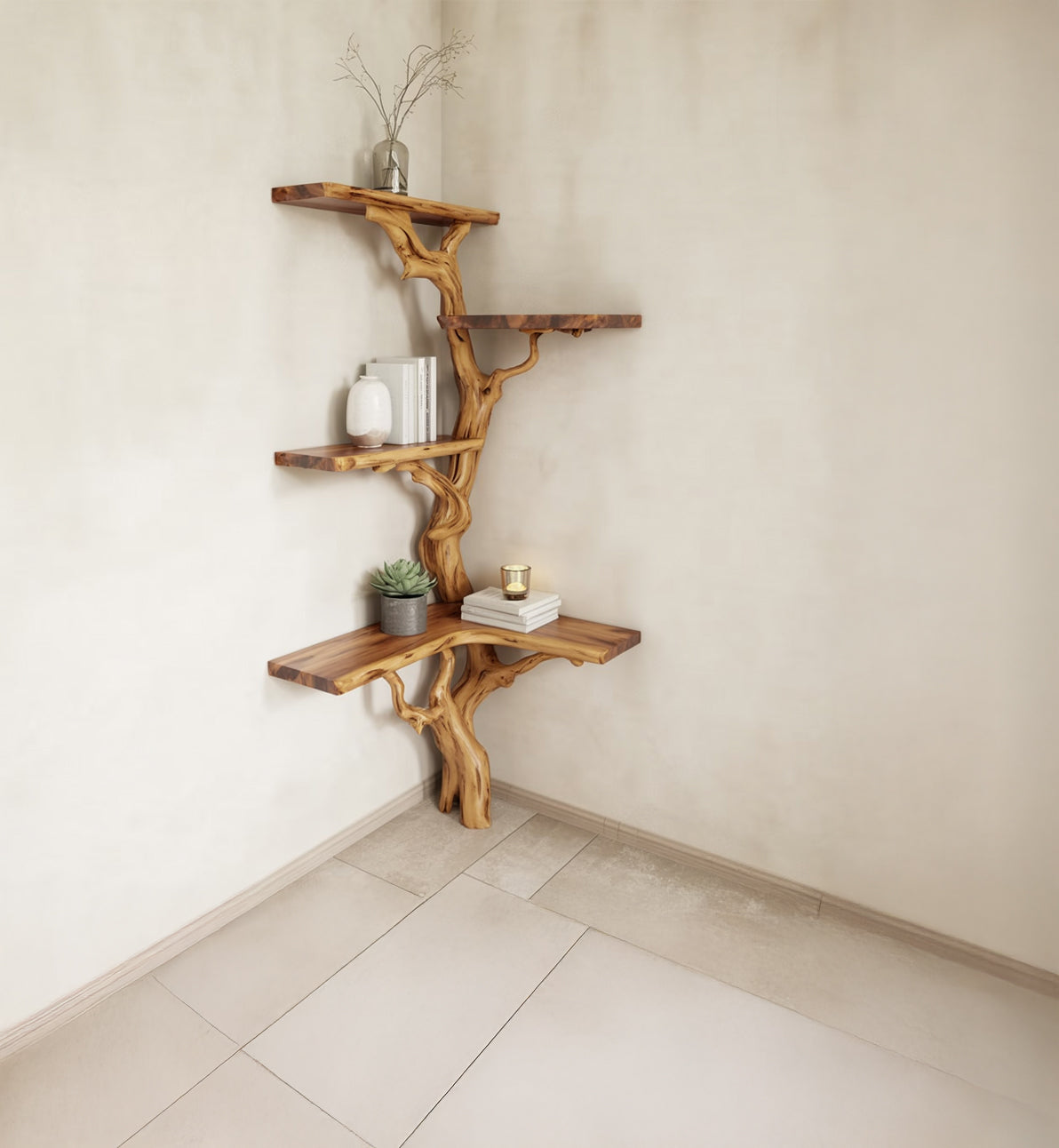 Corner wooden branch-style shelf with books, plant, candle, and decorative vase in minimalist room