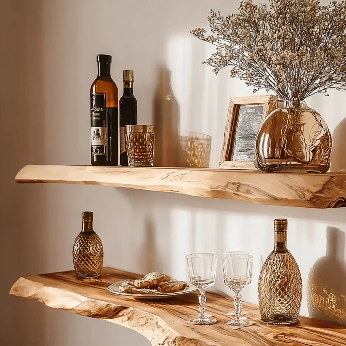 Decorative wooden shelves with brown bottles, crystal glasses, dried flowers in vase, and a framed photo