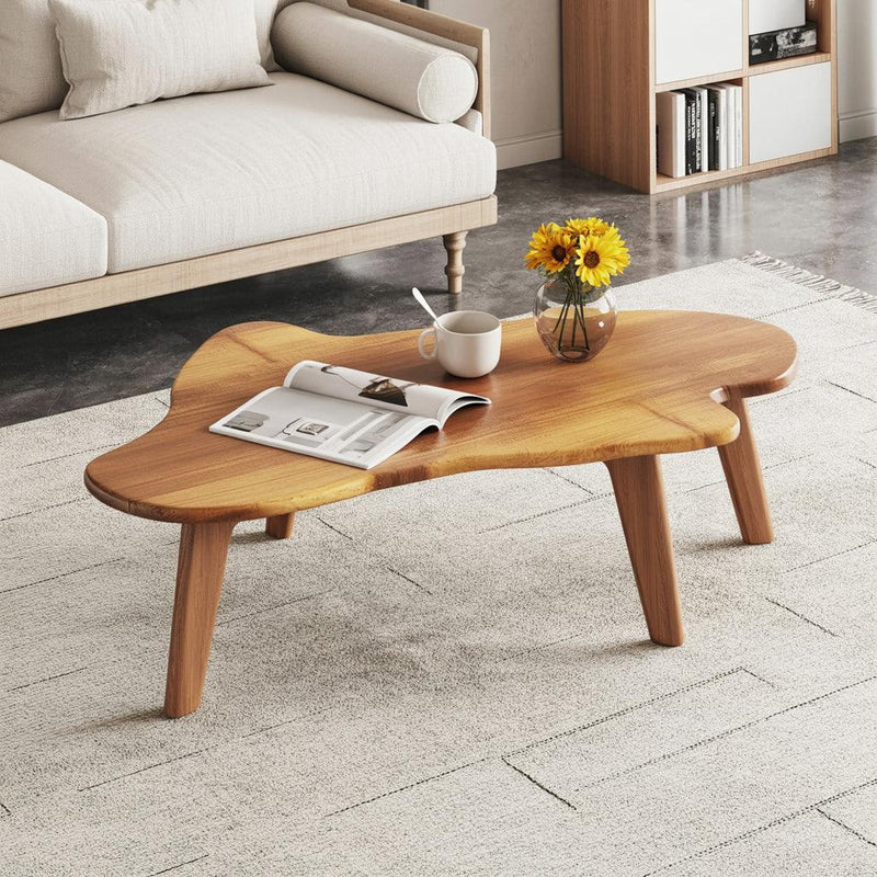 Live edge solid wood coffee table with sunflowers in vase, modern living room decor