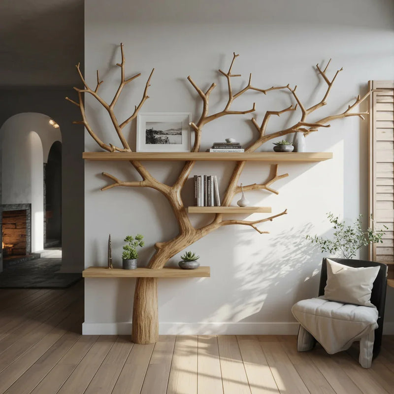 Solid wood tree bookshelf with floating shelves in a modern living room