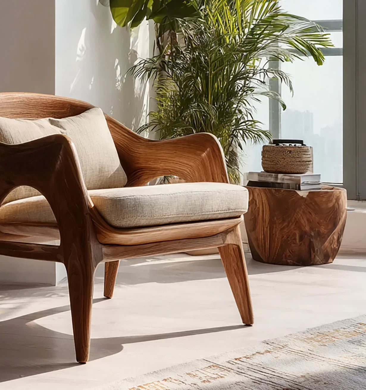 Solid wood armchair with beige cushion and live edge side table in bright, modern living room