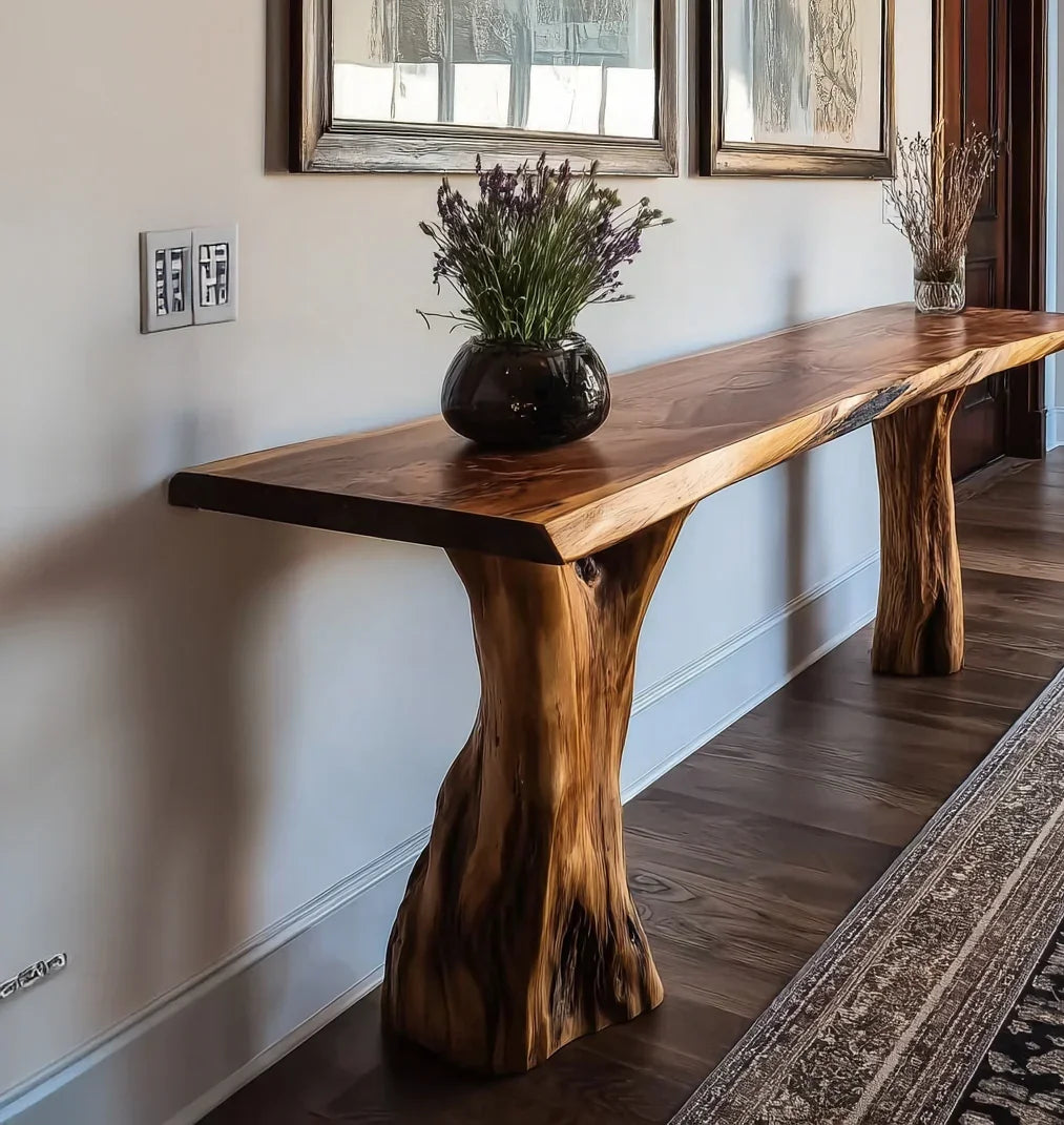Rustic live edge wooden console table with natural wood legs and decorative flower vases in modern hallway