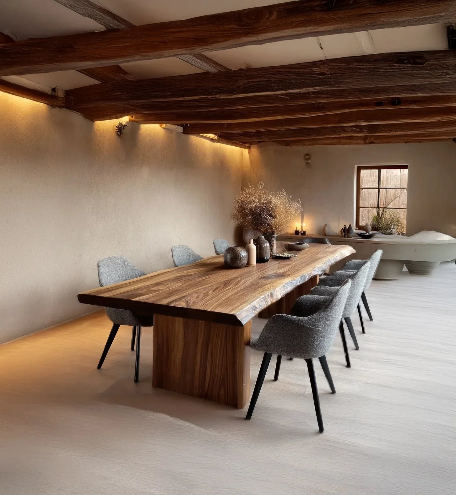 Modern dining room with large live edge wooden table, gray upholstered chairs, and rustic wooden ceiling beams