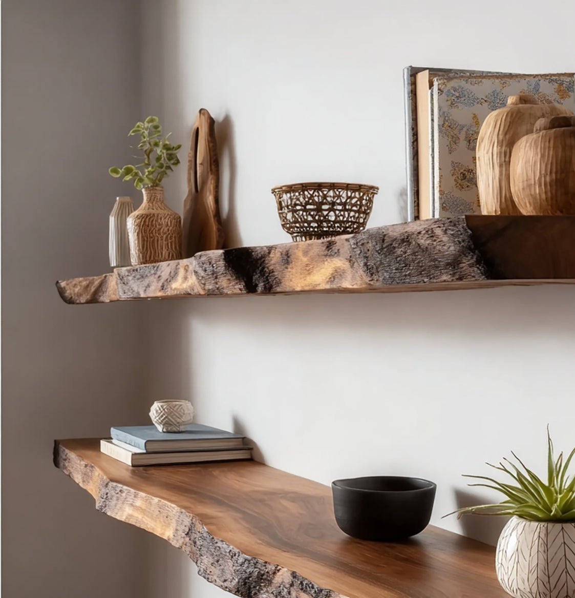 Live Edge Floating Wood Shelves – Handcrafted Solid Wood Wall Shelving