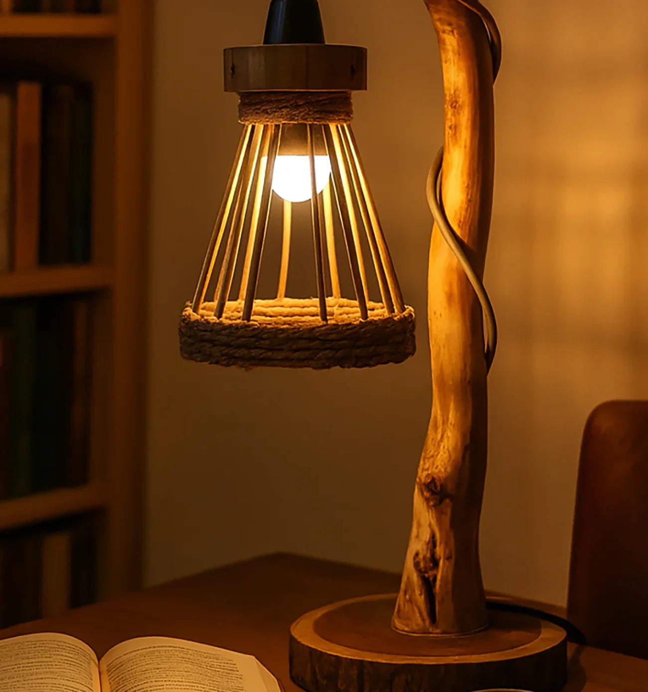 Rustic wood table lamp with natural rope shade, glowing warmly on a desk beside an open book