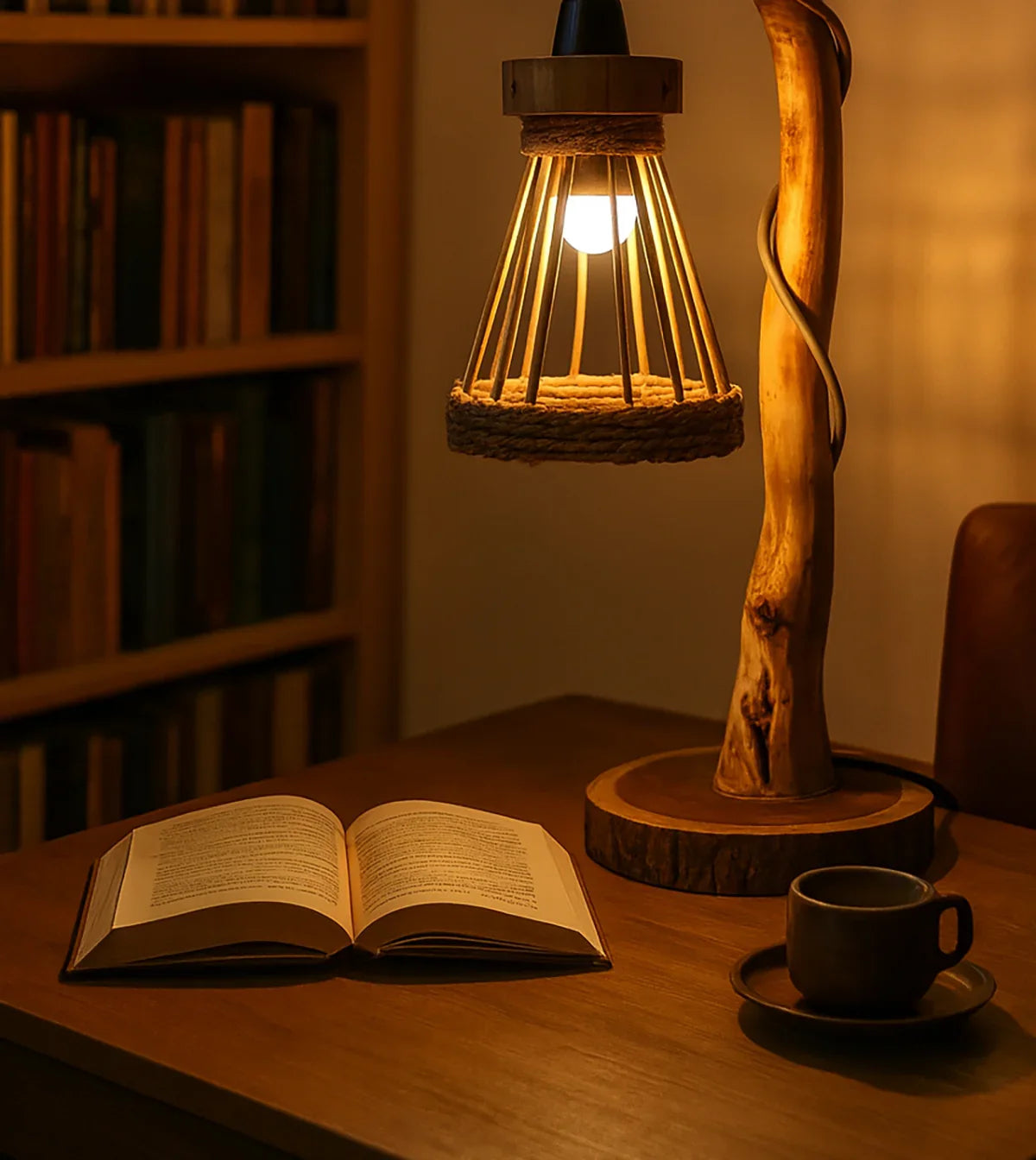 Sustainably crafted wooden table lamp on desk with open book and coffee cup in cozy room