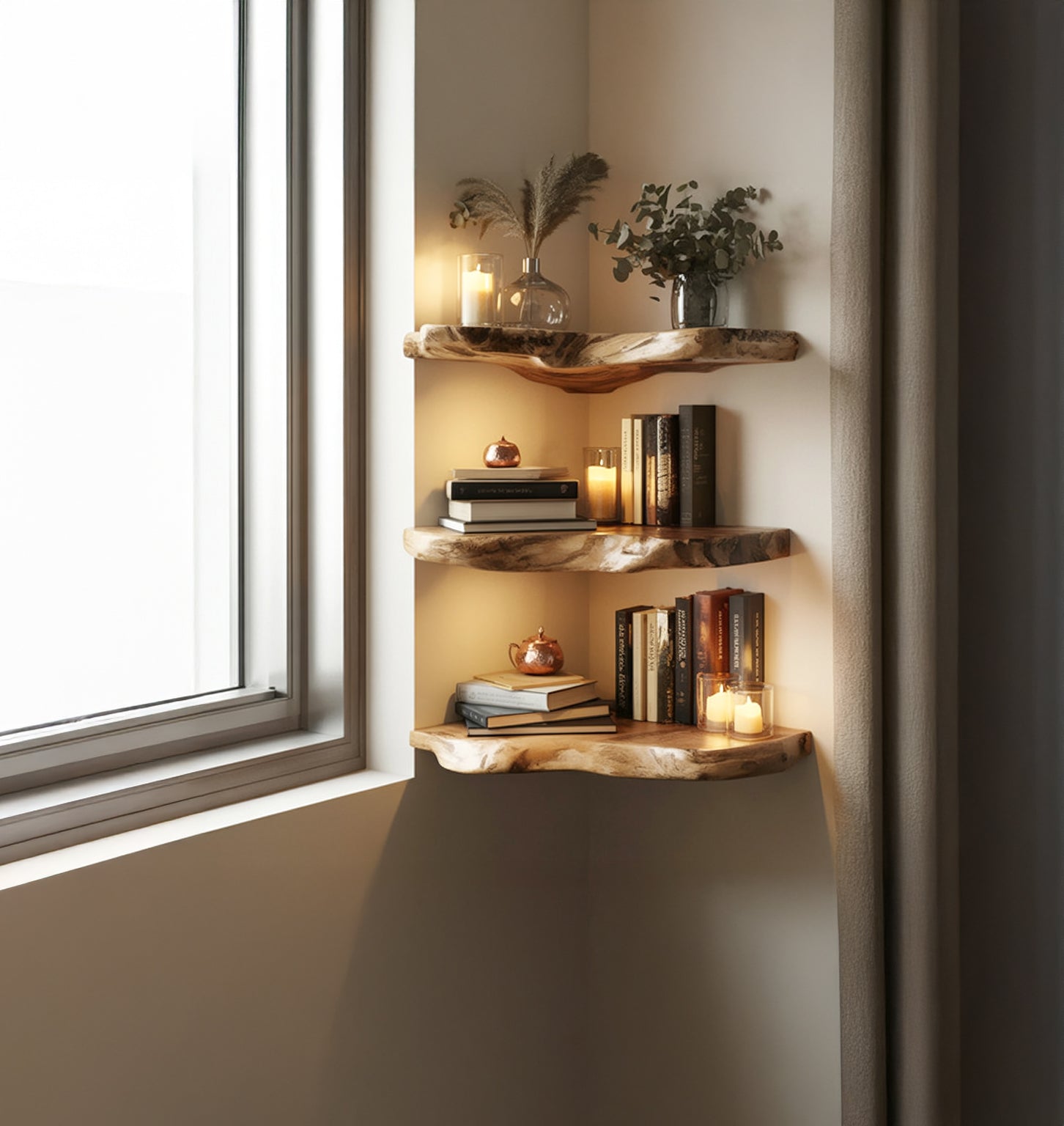 Rustic wooden corner shelves with books, candles, and plants near a window in cozy room
