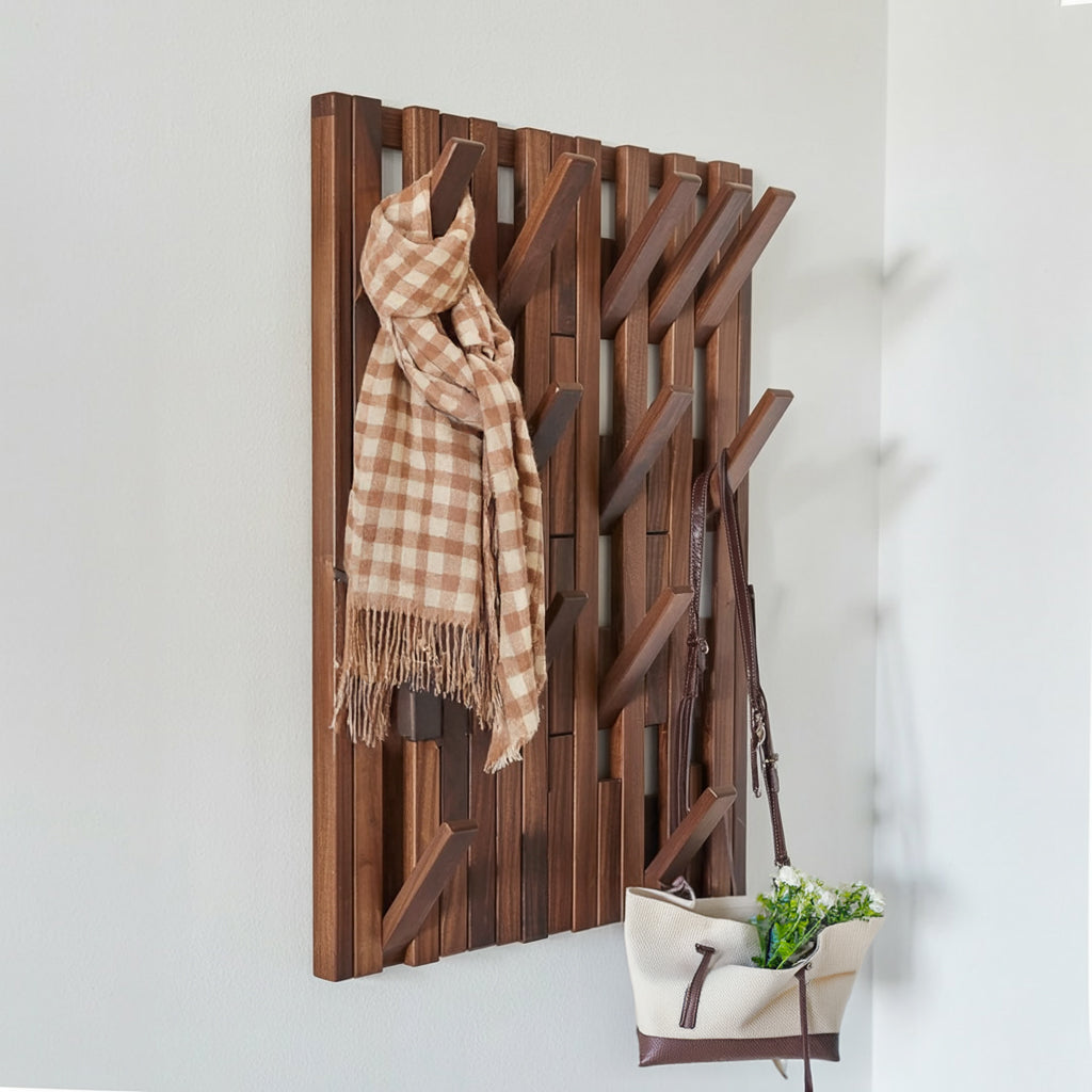 Walnut Piano Coat Rack Wall Mount β Rustic Wood Hooks & Key Holder