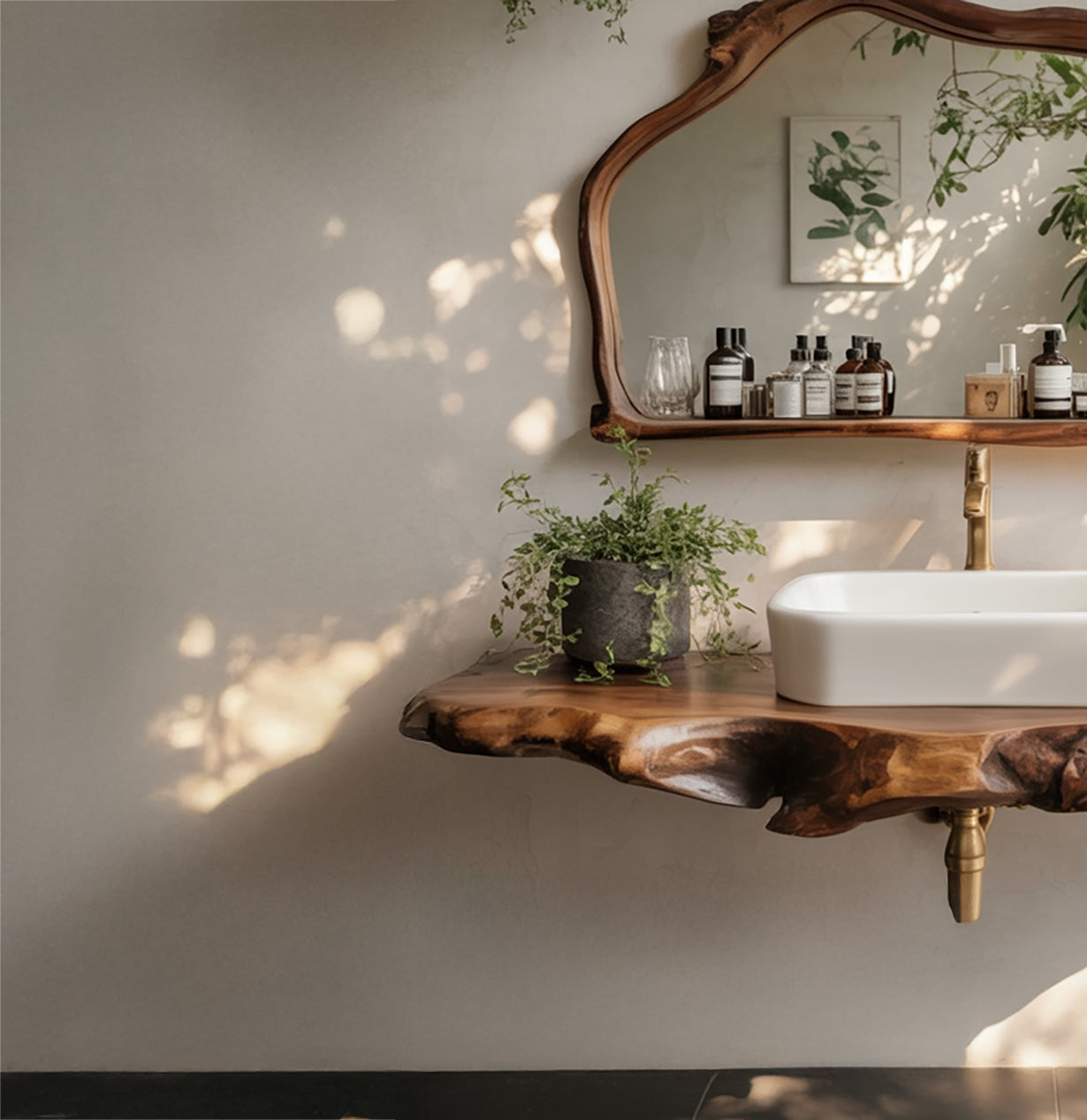 Rustic bathroom with live edge wooden vanity, white vessel sink, wall-mounted brass faucet, and green potted plant