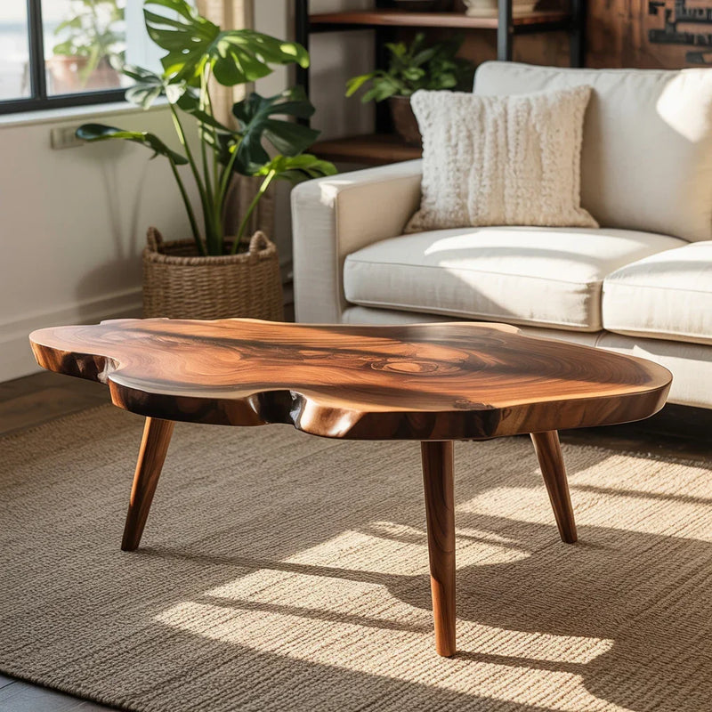Live edge solid wood coffee table with natural finish in modern living room