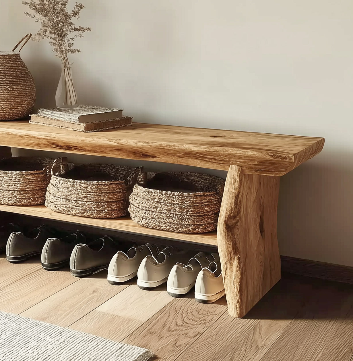 Rustic wooden bench with three woven baskets on lower shelf and shoes underneath, neutral decor