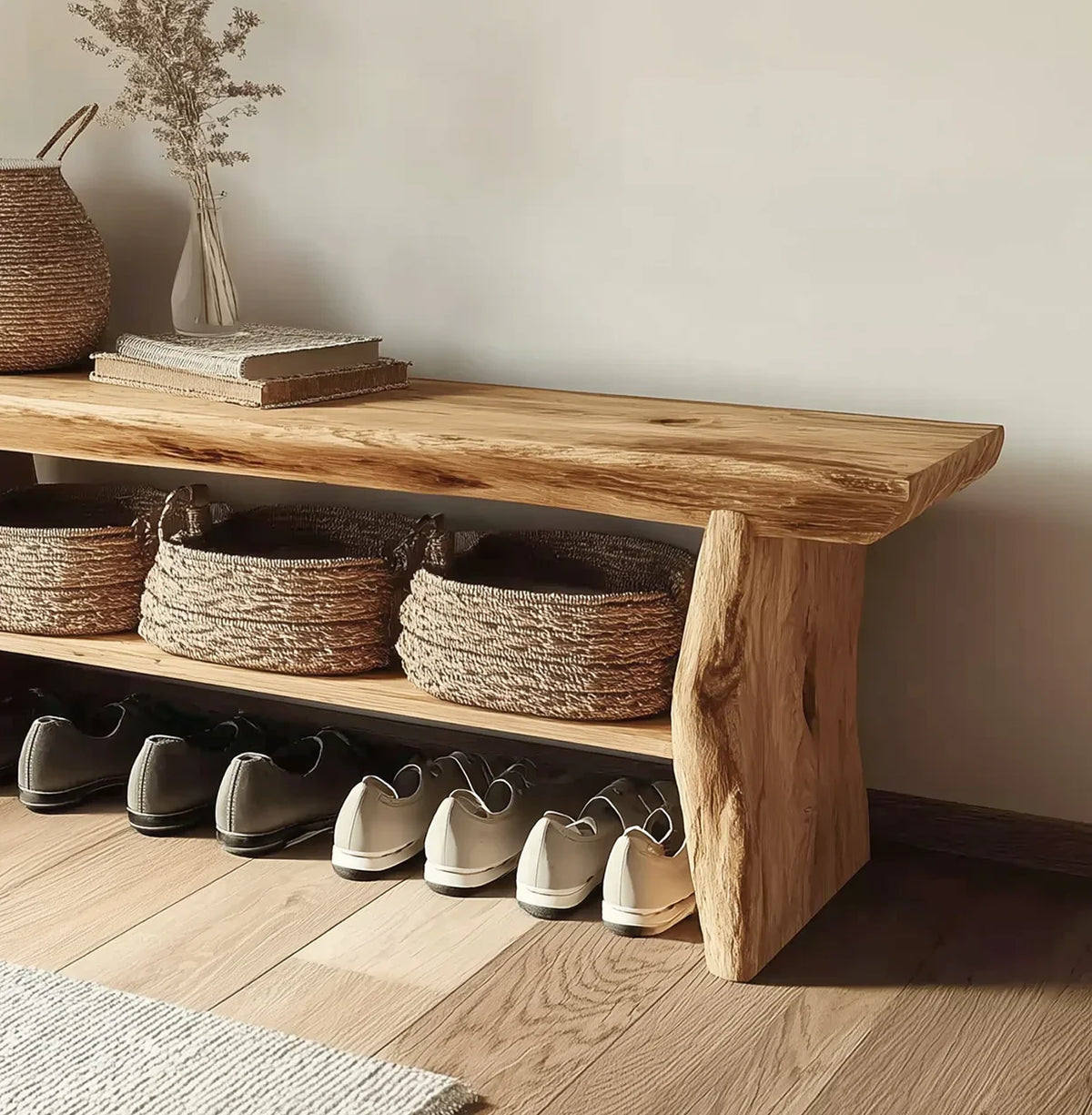 Rustic wooden bench with three woven baskets on lower shelf and shoes underneath, neutral decor