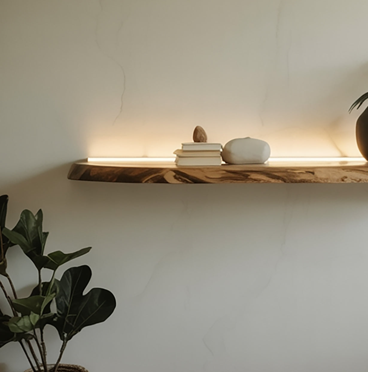 Live edge floating wood shelf with books, soft lighting, and minimalist decor against a light wall