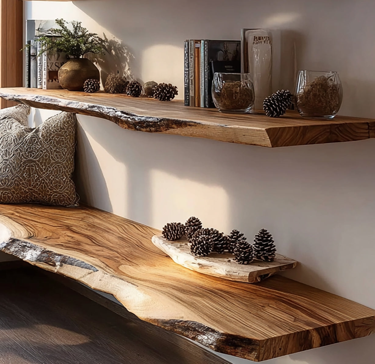 Live edge wood floating shelves with books, pinecones, vases, and decorative pillow