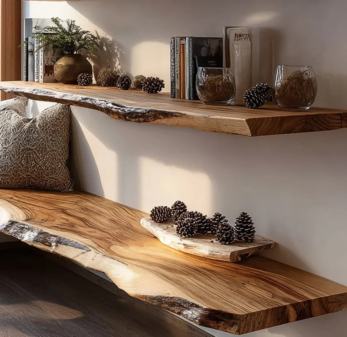 Live edge wood floating shelves with books, pinecones, vases, and decorative pillow