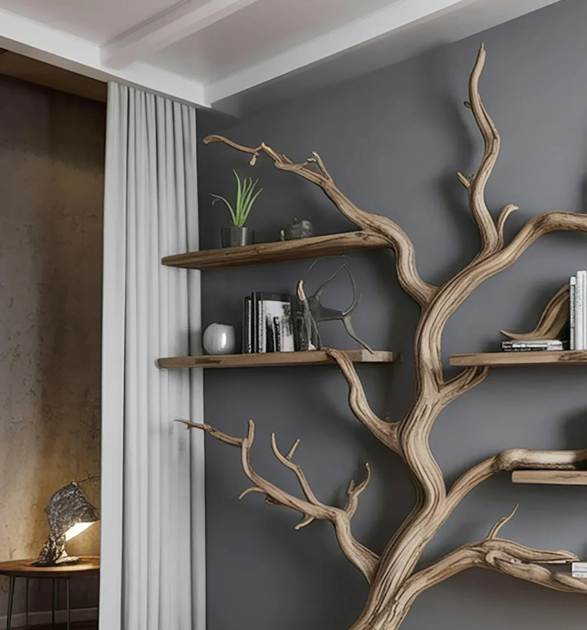 Modern living room with a unique tree-shaped wooden bookshelf and floating shelves.