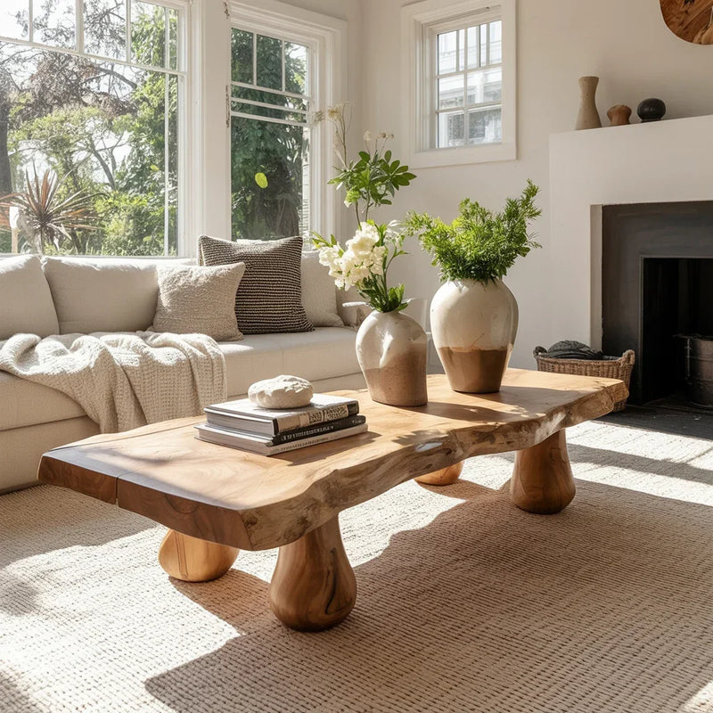 Solid wood live edge coffee table in bright living room with vases and books