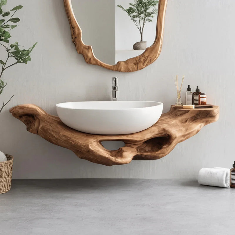 Live edge wooden bathroom vanity with white vessel sink, unique mirror, and modern decor