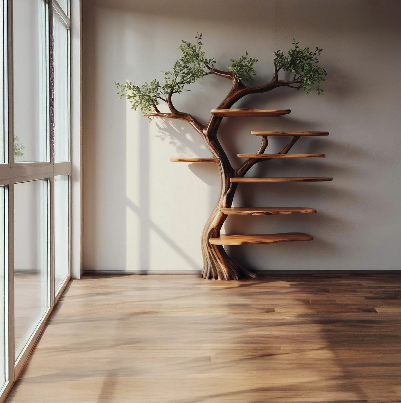 Modern wooden tree-shaped shelving unit with green leaves in bright room with large windows