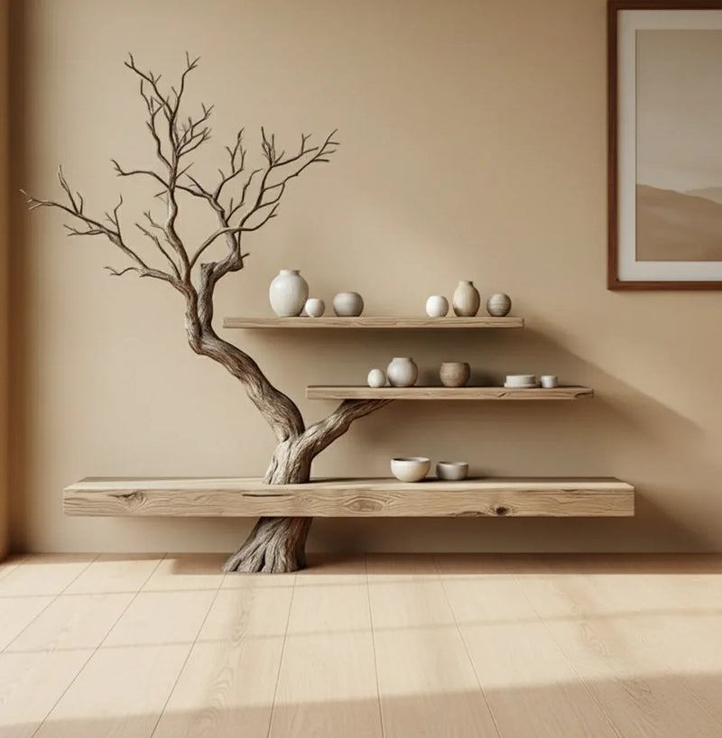Minimalist wooden shelves integrated with a bare tree trunk holding ceramic vases in a neutral-toned room