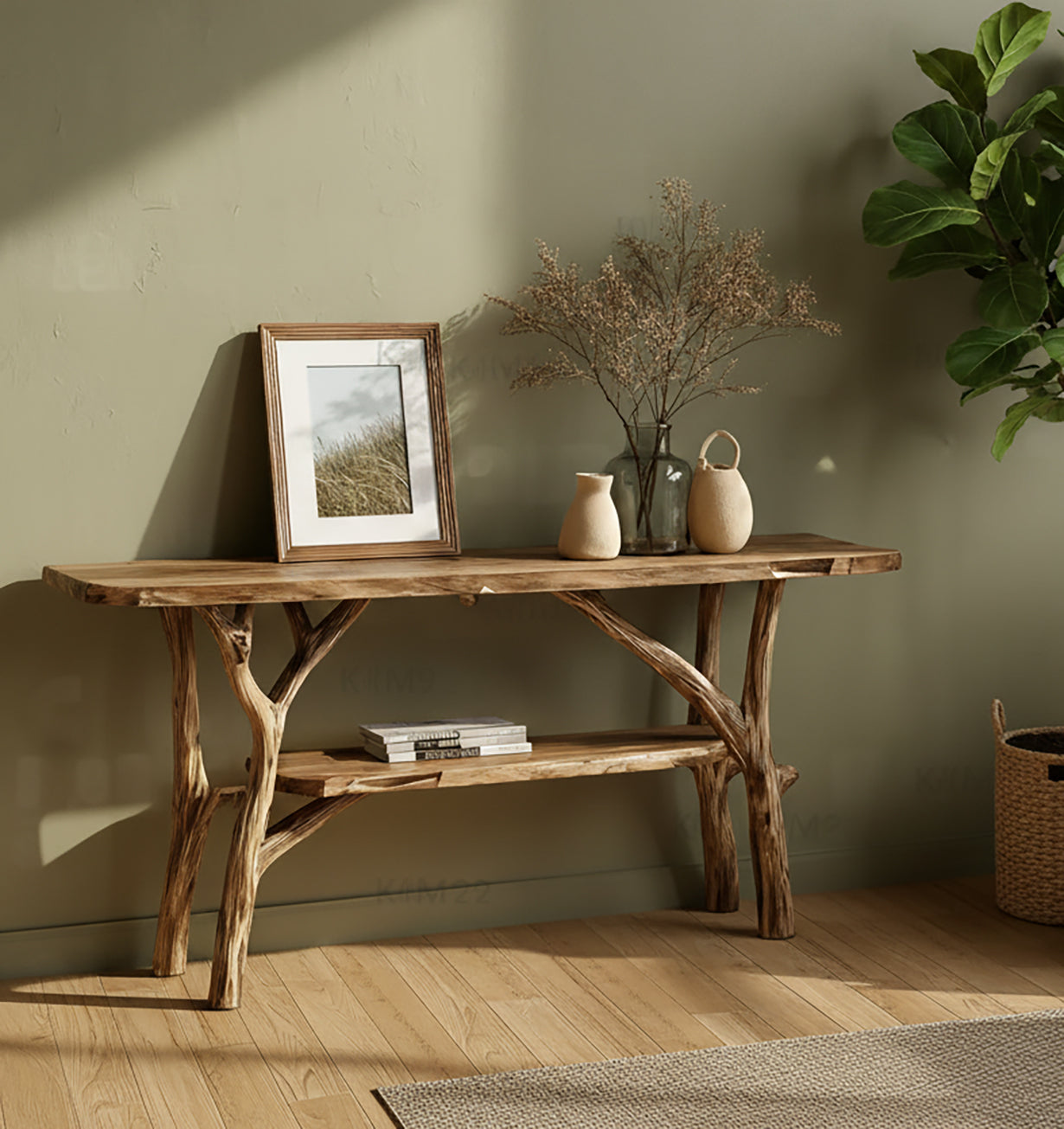 Rustic wooden console table with natural branch legs, photo frame, vases, and dried flowers in minimalist room