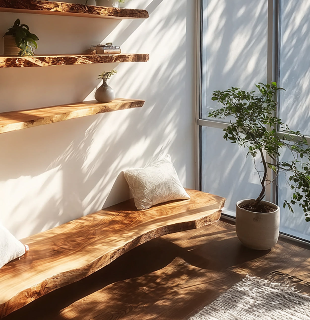 Sunlit room with live edge wood bench, white pillows, floating wood shelves, and potted plant